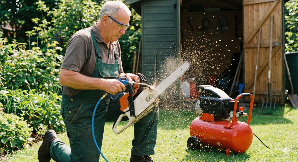 Man cleaning a chainsaw with an air compressor